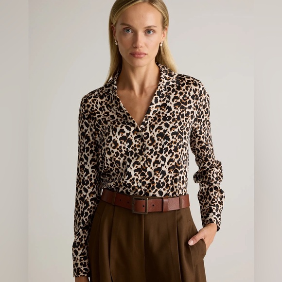 Quince Tops - Quince Washable Stretch Silk Notch Collar Blouse in Leopard Print, Size Small